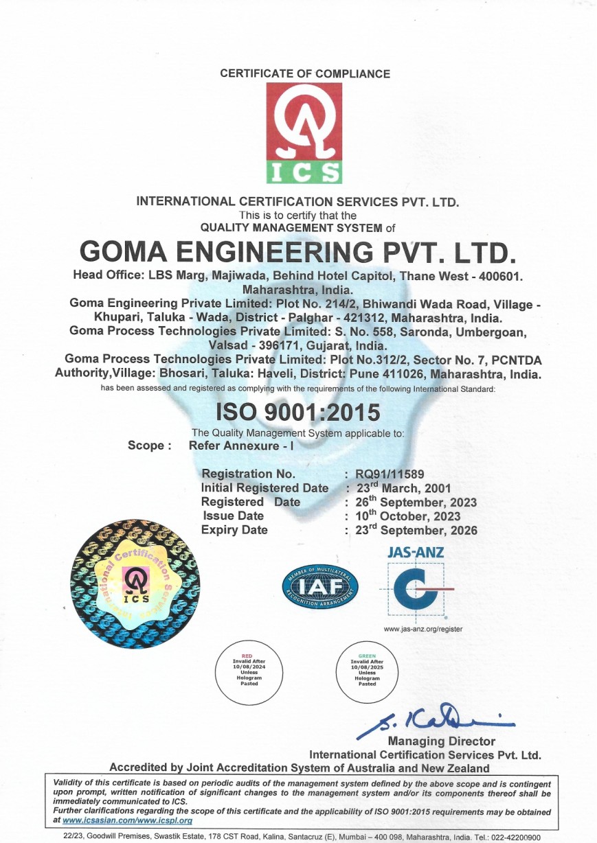 ISO 9001 2015 Certificate by Goma Engineering