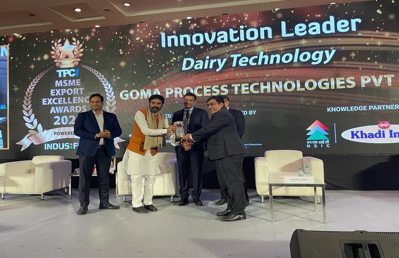GOMA Holding the Title of Innovation Leader in Dairy Technology by  TPCI (Trade Promotional Council of India) MSME EXPORT EXCELLENCE AWARDS 2022. 